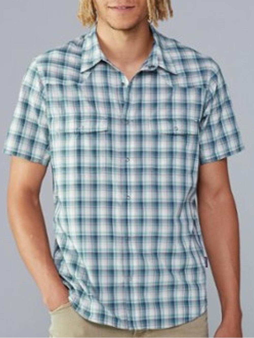 Patagonia Men’s Bandito Short-Sleeve Snap Front Blue Plaid Shirt Sz XL